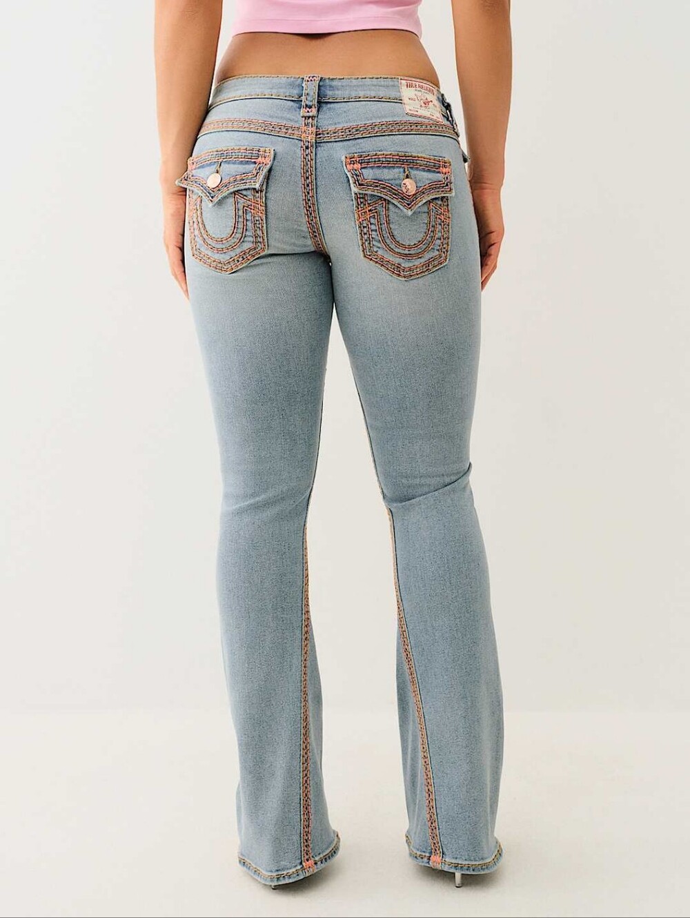 True Religion Joey Low Rise Super QT Flap Flare Jean Coral Pink Y2K Women's 28